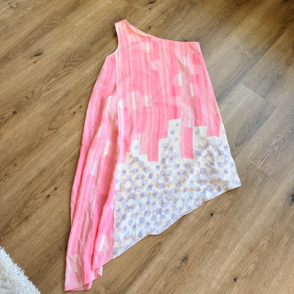 Maeve Anthropologie Avalonne One Shoulder Silk Dress Pink Gray Geometric‎ Size 2
